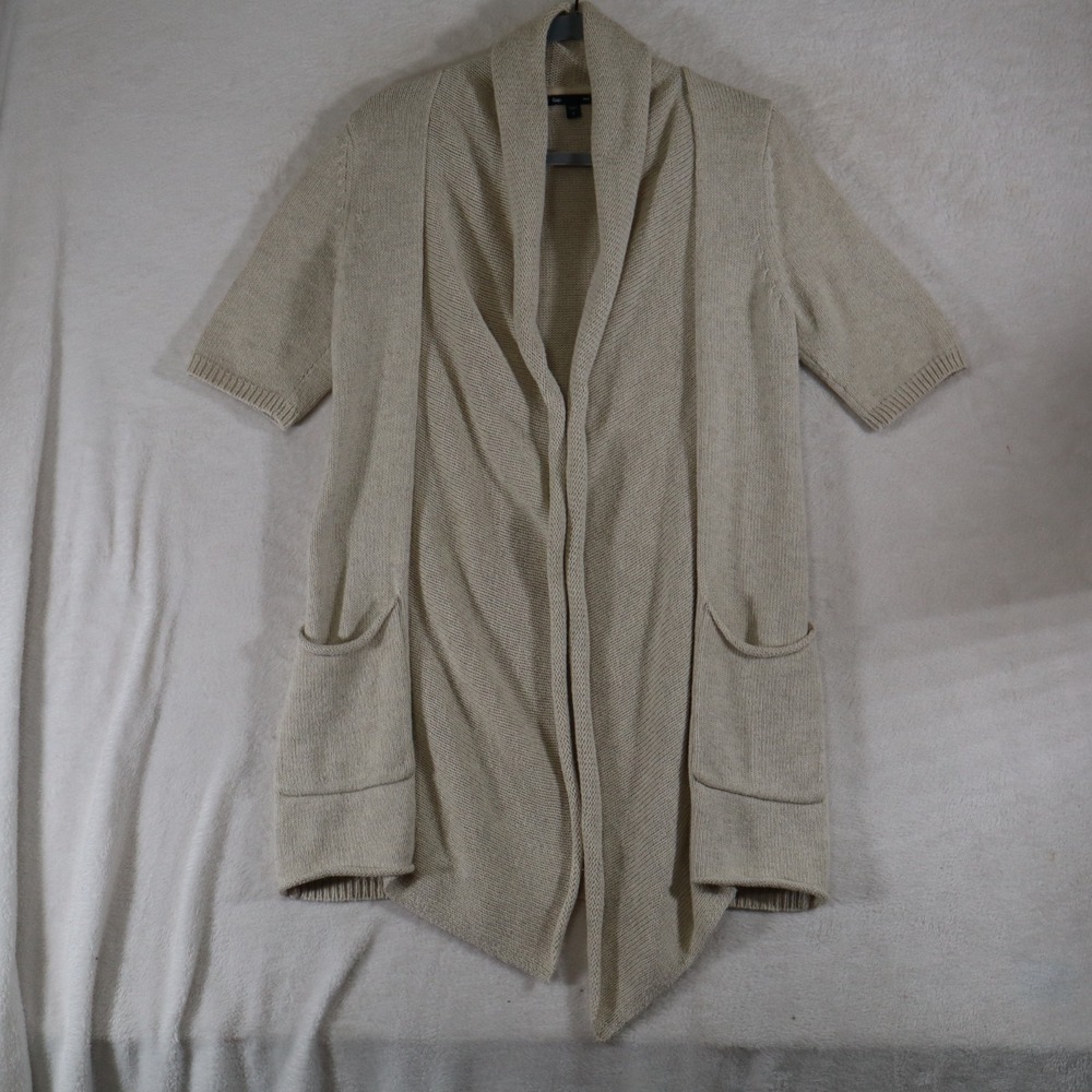 Gap Women's S Beige Knit Cardigan Short Sleeve Open Front Draped Pocket Sweater